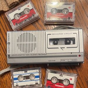 General Electric Silver Microcassette Recorder with Red and Blue Tapes